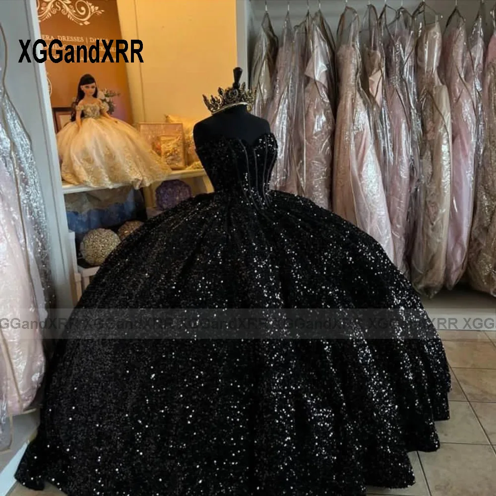 Vestido para quinceañeras negro brillante personalizado, vestido De baile con lentejuelas, dulce 16, fiesta De princesa, Vestidos De 15 Años,