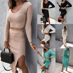 2024 New Women Sexy Knitted Sweater Skirt Suit Y2K Fashion Long Sleeve Crop Tops And Long Split Skirt Dress Two Piece Sets