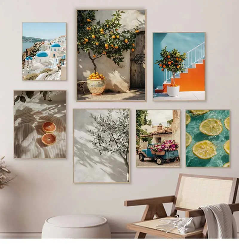 Italian Lemon Orange Olive Tree Retro Mediterranean Greece Landscape Poster Canvas Painting Wall Art Pictures Home Decoration