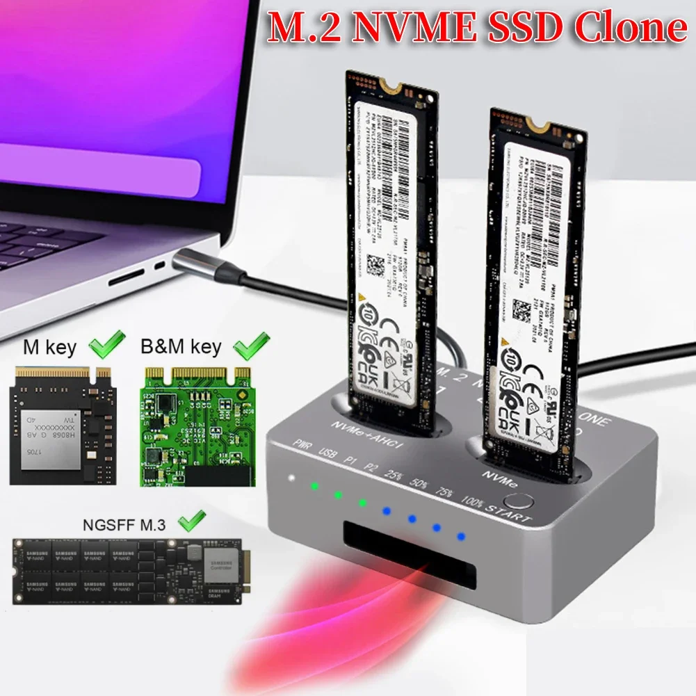 Dual-Bay NVME Docking Station Gen2X 20Gbps M.2 NVME SSD Clone USB3.2 Type C External Hard Disk Box M/B M Key M.2 M.3 NVME PCI-E