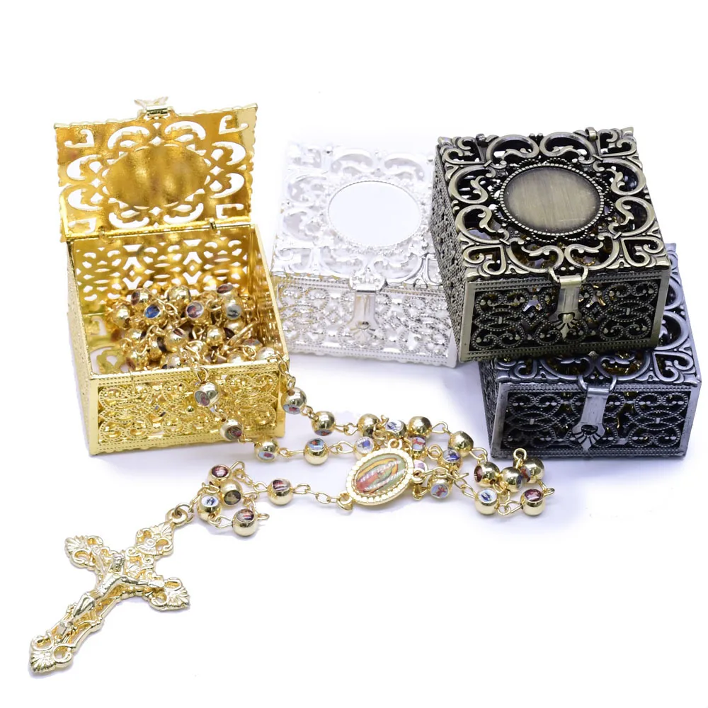 

High-End Vintage Metal Rosaries Beads Storage Box Roman Rosary Trinket Keepsake Case for Rosary Beads Earring Ring Necklace