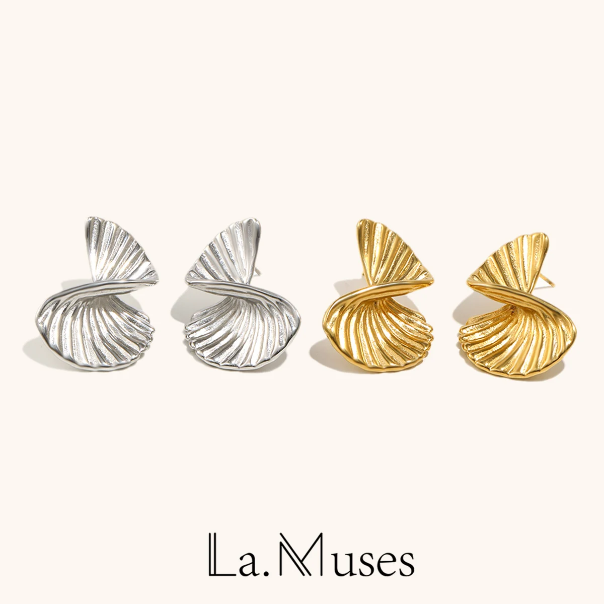 La. Muses – boucles d'oreilles torsadées rotatives en forme d'éventail pour femmes, en acier inoxydable, plaqué or PVD, accessoires de bijoux à la mode