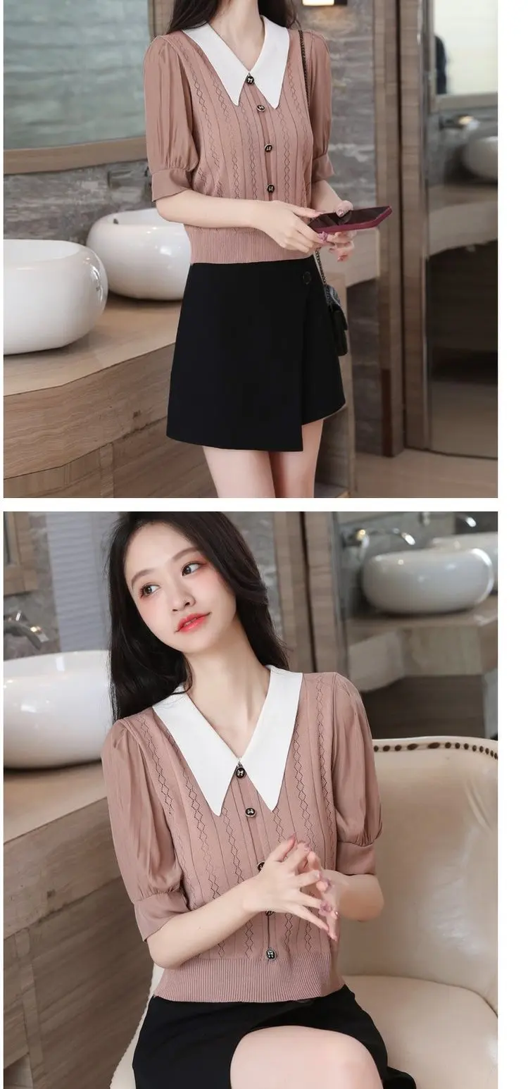 V-neck Ice Silk Short Sleeve Sweater For Women
