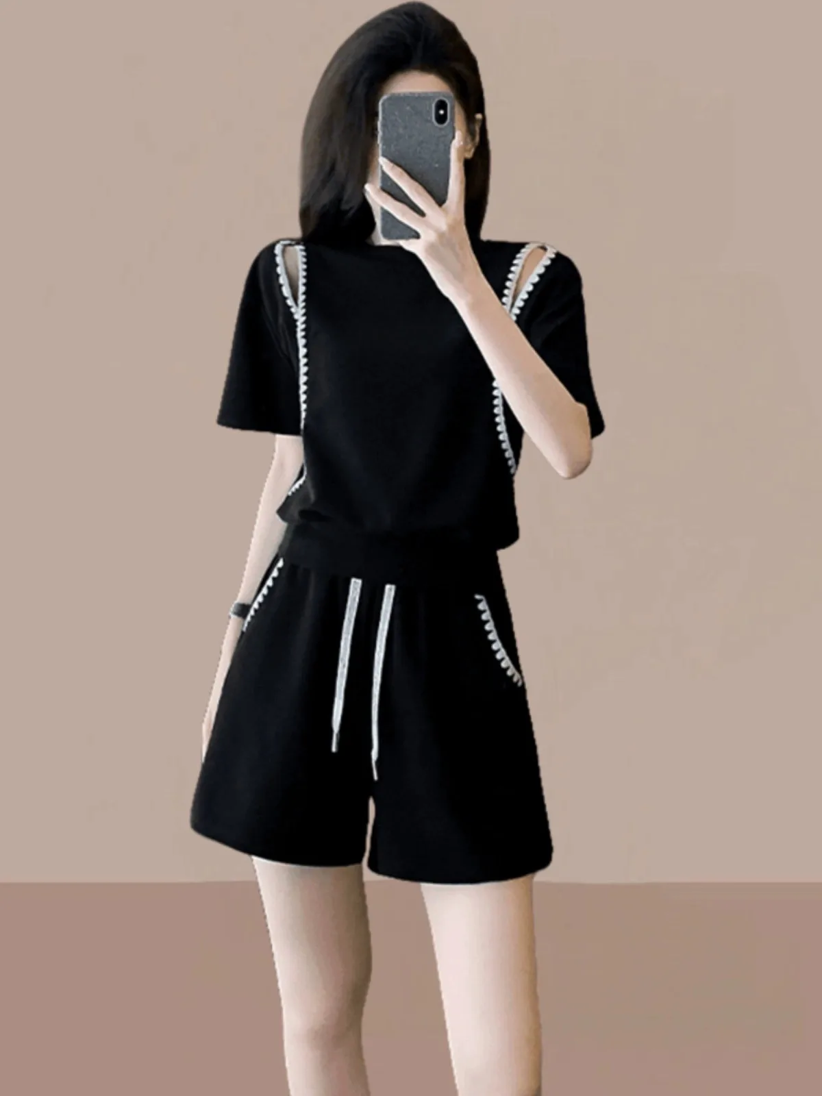 

Summer Casual Shoulder-baring Loose Short-sleeved Women's Two-piece Set Fashionable Anti-aging Street Style Polyester Shorts