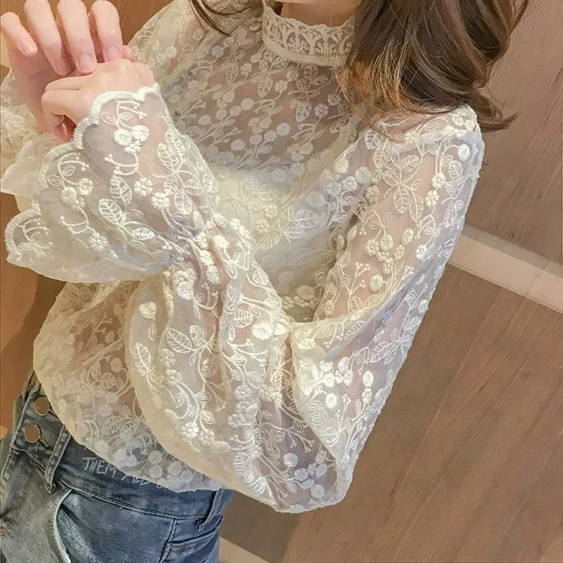 Long Sleeve See Through Stand Collar Hollow Out Lace Women Blouse Fashion Summer Elegant Shirt Spring Flare Sleeve Tops