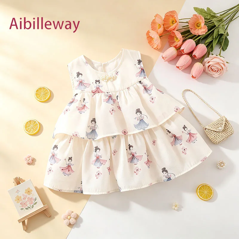 Sweet Toddler Girls Sleeveless Layered Dress Children Traditional Chinese Style Lightweight Baby Clothes Kid Summer Daily Outfit