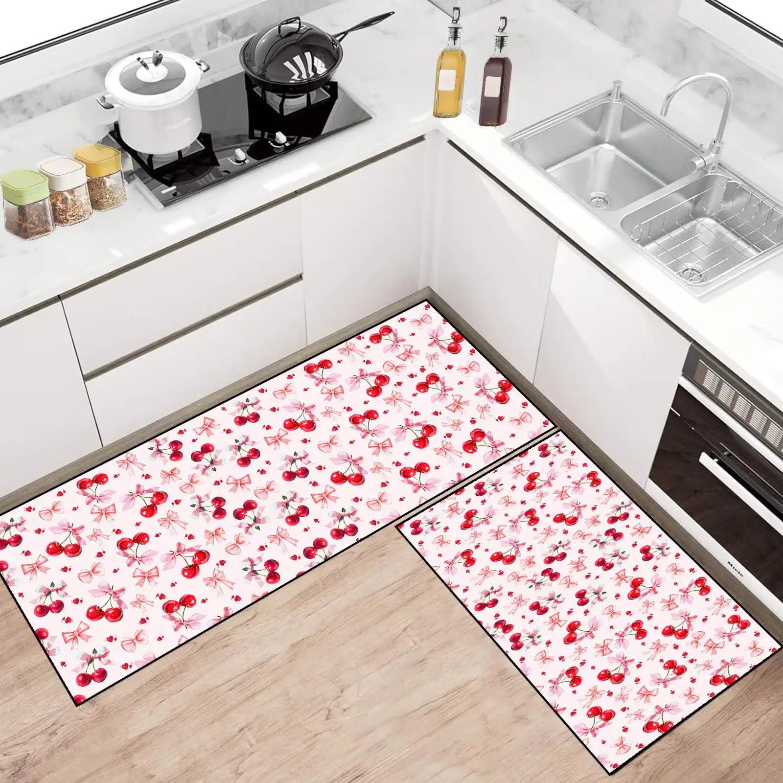

Cherry Bowknot Kitchen Rug 2 Pcs Rugs and Mats Pink Art Farmhouse Fruits Decor Non-Slip Set for Floor Laundry Room