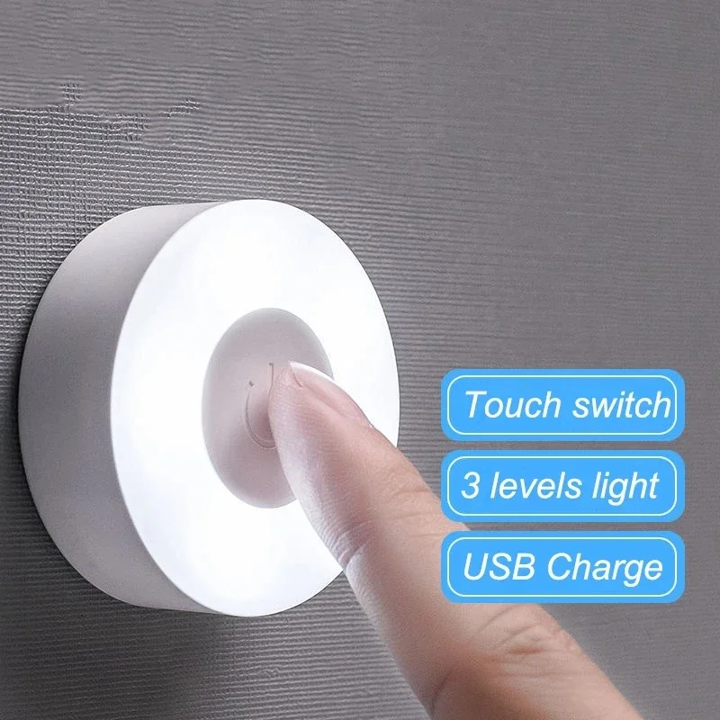 LED Touch Sensor Night Lights 3 Modes Magnetic Base Wall Light USB Rechargeable Round Portable Dimming Soft Light Night Lamp