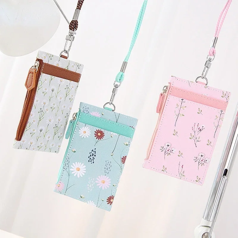 Women's Flower Pu Leather Card Bags ID Bus Credit Card Holder with Neck Strap Lanyard Badge Holder Coin Purse Money Bags Wallet