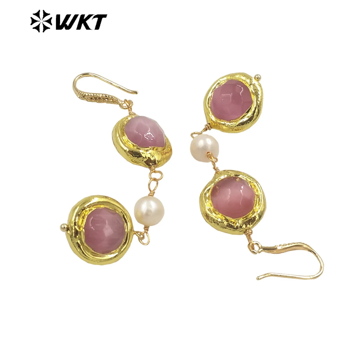 WT-E726 New design fashion 18k real gold plated round Cat eye pearl earrings lady hoop colorful wire wrapped boho earrings