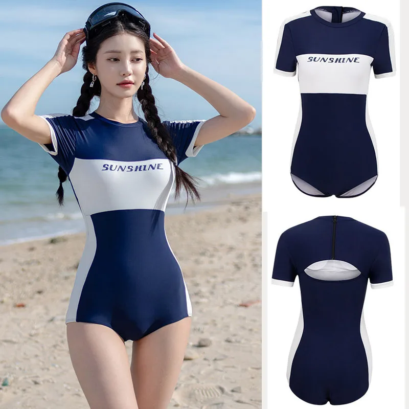 Women Rash Guard Short Sleeve Swimsuit Surfing Swimsuit Bathing Suit One Piece Swimsuit Zipper Back Athletic Swimwear High Neck