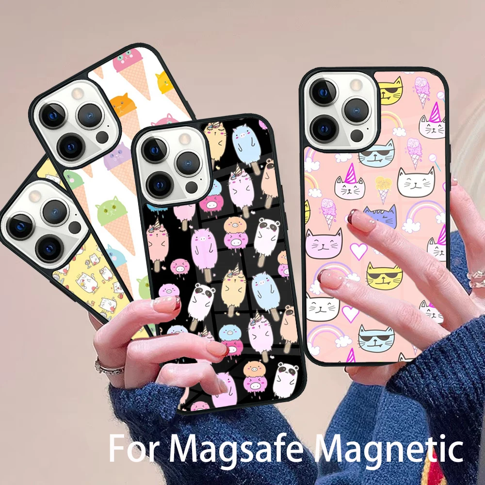

Cartoon Cat Ice Cream Funny Animal Phone Case Magesafe Magnetic Wireless Cover For IPhone 16 11 12 13 14 15 Pro Max Plus Mini