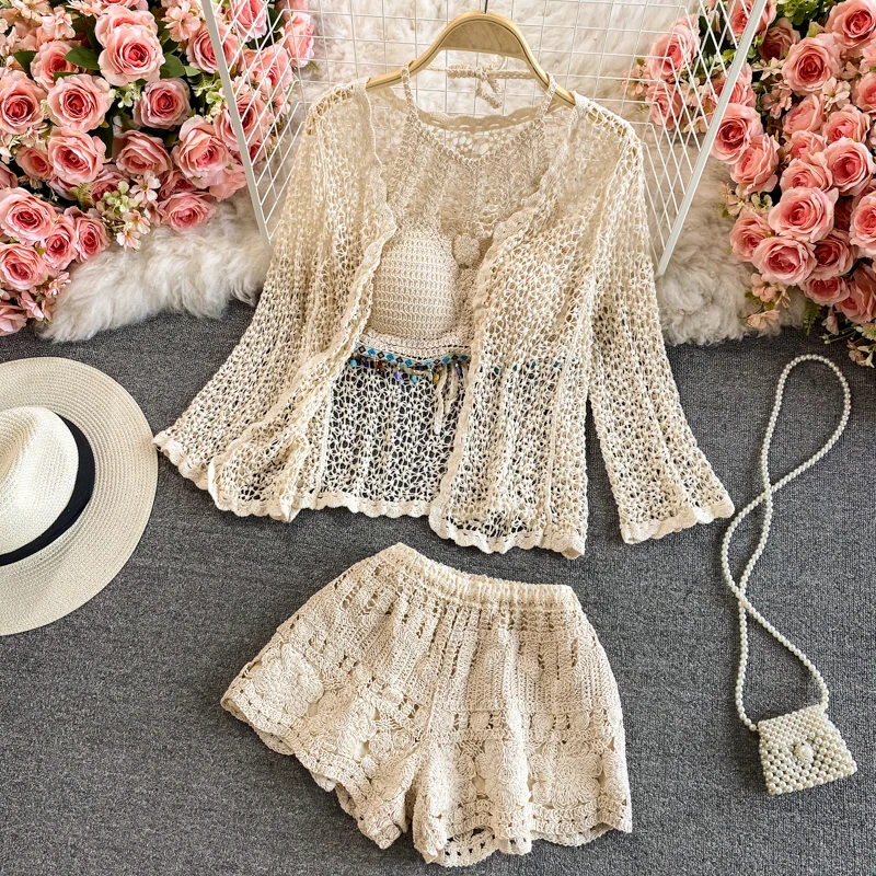 Summer 3 Pieces Sets Lady Bohemian Lace Crochets Set Camis Shorts Cover Top Shirts Sets Allure Beach Holiday Vacation Women Sets