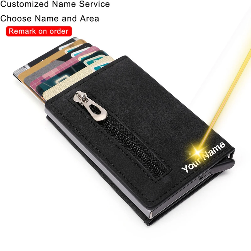 Customized Name Logo ID Credit Bank Card Holder Rfid Anti-thelf Card Holder Wallet With Organizer Coin Pocket &Money Clips Purse