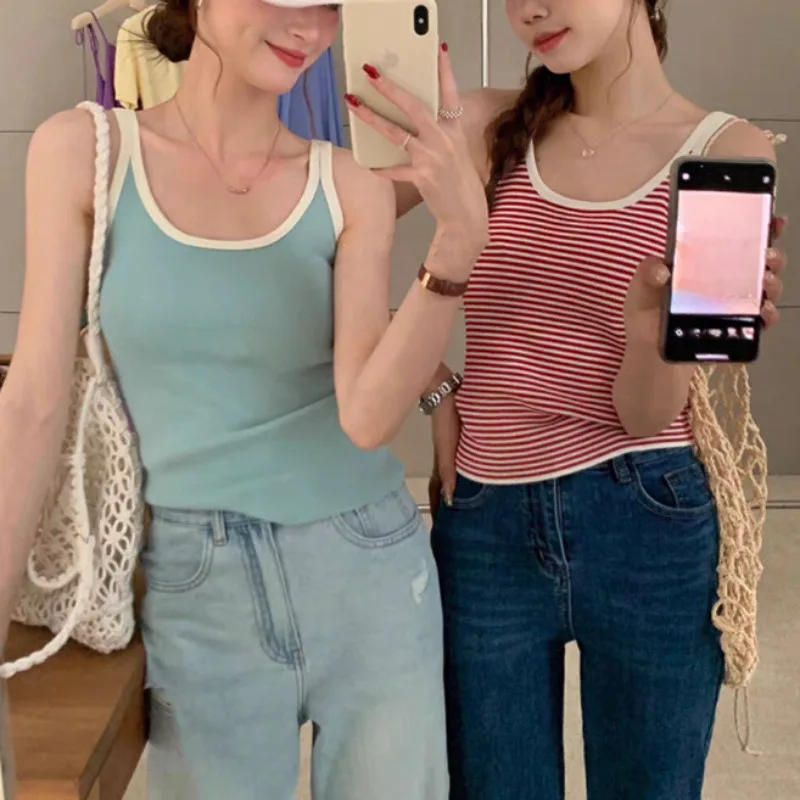 Women Trim Ribbed Tank Top U-Neck Sleeveless Slim Fit Cami Casual Basic Solid Striped Crop Top for Summer Daily Beach Streetwear