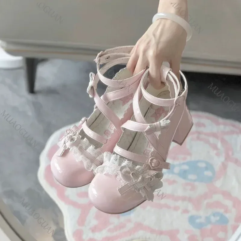 Lolita Red High Heels Cute pumps Shoes spring Autumn Lace Thick high heels Single Shoes Patent Leather Mary Jane Women's Shoes view 3