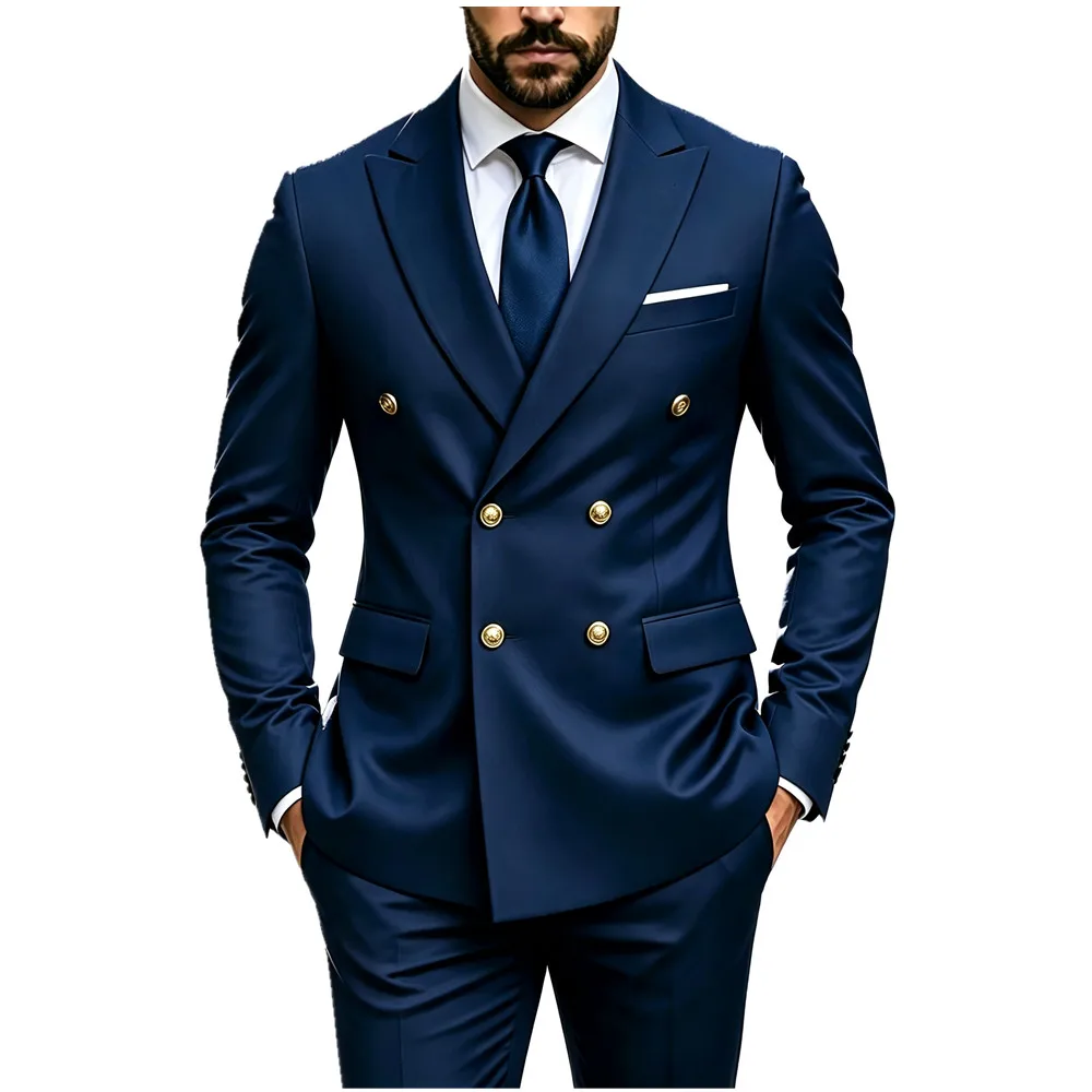 Men's Peak Lapel Double Breasted Golden Button Flap Pocket Business Commute Suit Men Trending Luxury Formal Slim Fit Groom Suit