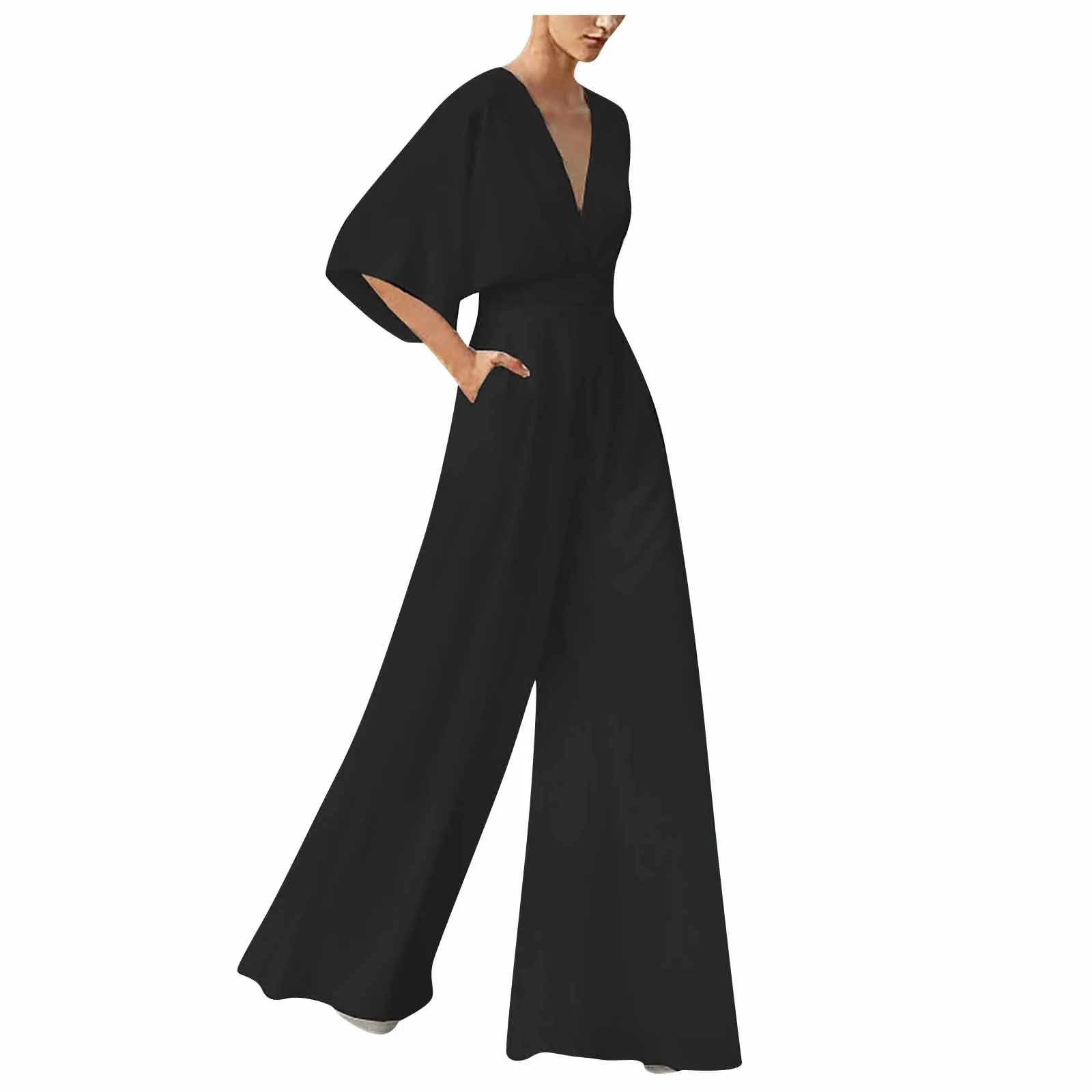 Elegant Half Sleeve V-Neck Women Jumpsuit 2024 New Fashion Waist Super Long Wide Leg Jumpsuit Lady Casual Loose Pocket Bodysuit