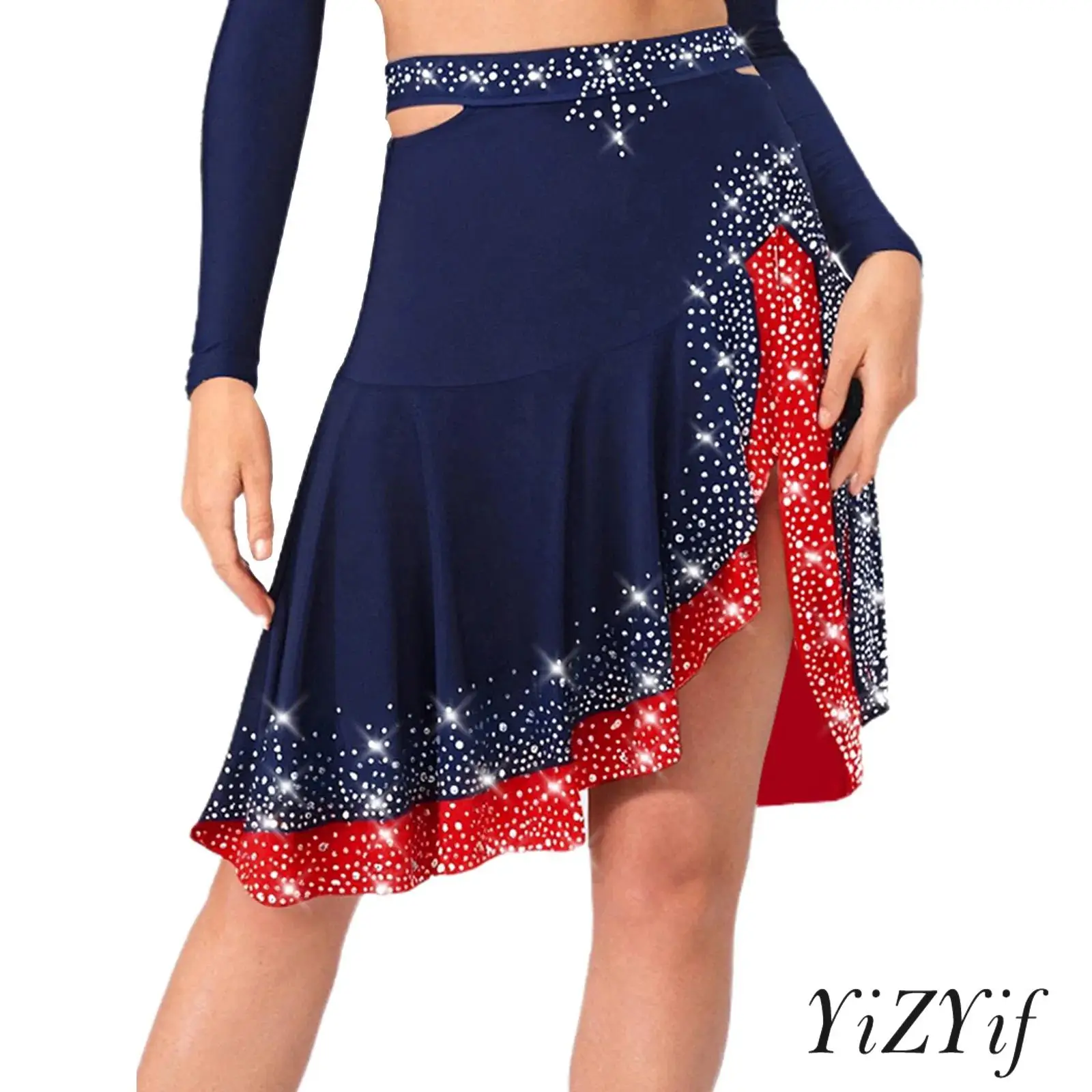 Jupe de danse Jazz latine pour femmes, strass scintillants, découpes latérales, volants contrastés de couleur pour spectacles de danse Salsa Chacha