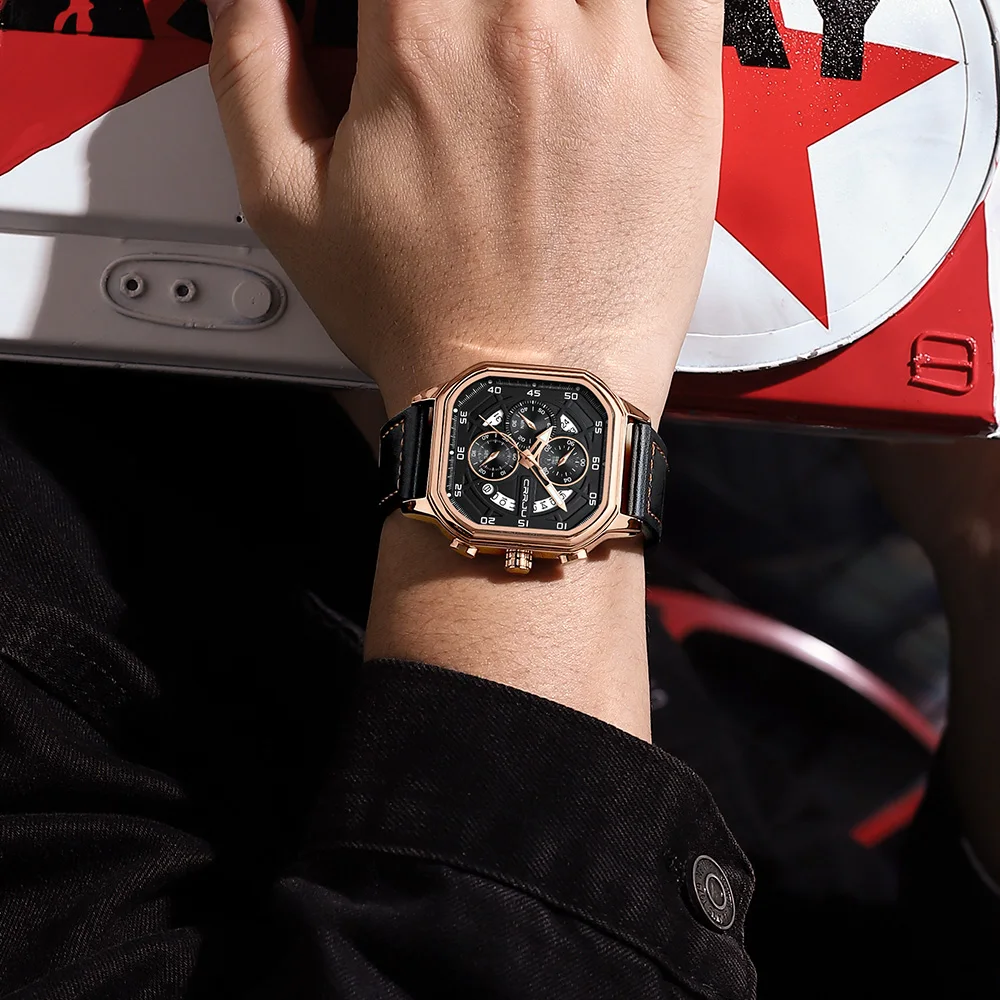 CRRJU Men Watches Fashion Quartz Waterproof Chronograph Military Genuine Leather Wristwatch for Male Relogio Masculino