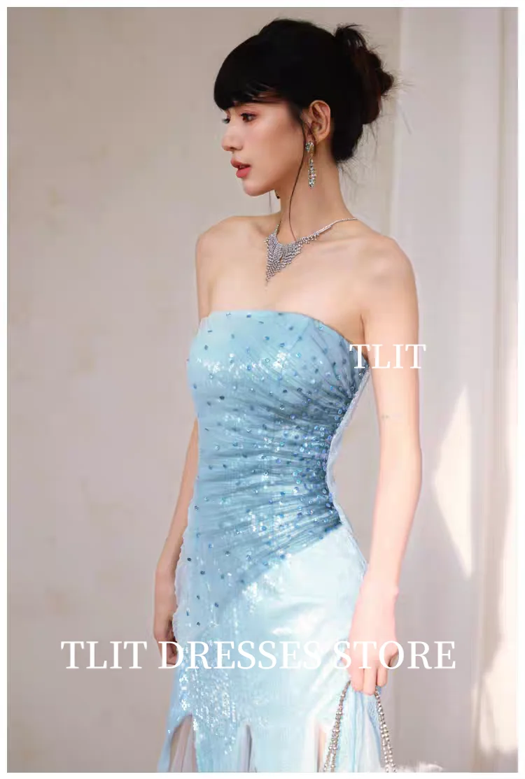 فستان سهرة أنيق مزين بالكريستال من TLIT بدون حمالات فساتين حفلات بفتحة عالية مطرزة بدون ظهر مخصصة للحفلات الرسمية
