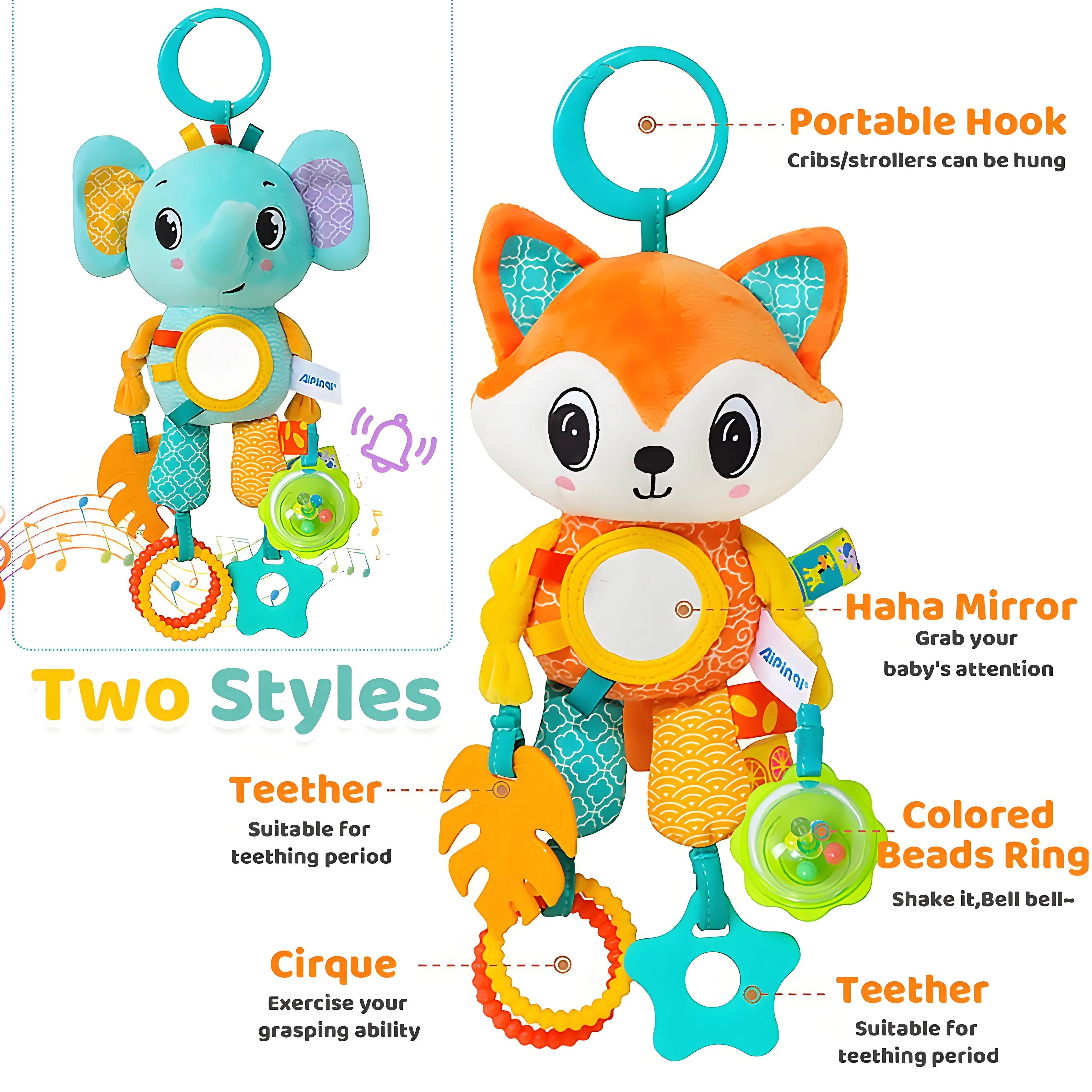 Crinkle piepend pluche dierenspeelgoed |   Multi-zintuiglijke hangende activiteit met bijtring |   voor kinderwagen wieg en autostoelontwikkeling