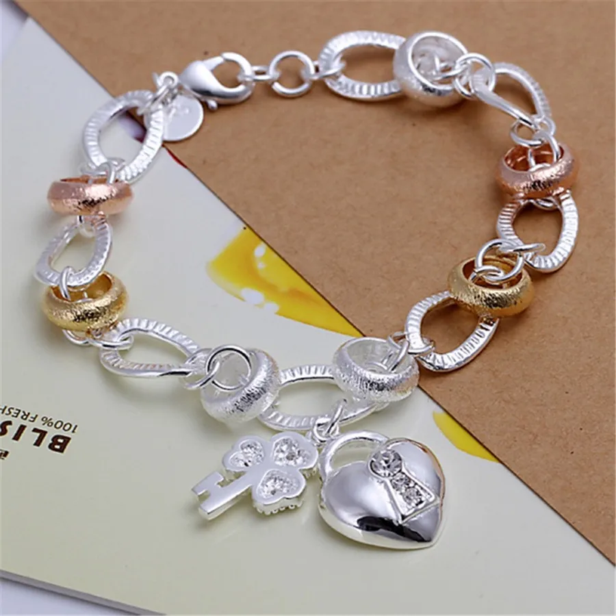 

Hot sales 925 sterling Silver Bracelets pretty Heart key for Women lover Wedding Engagement Jewelry Fashion Valentine's Day Gift