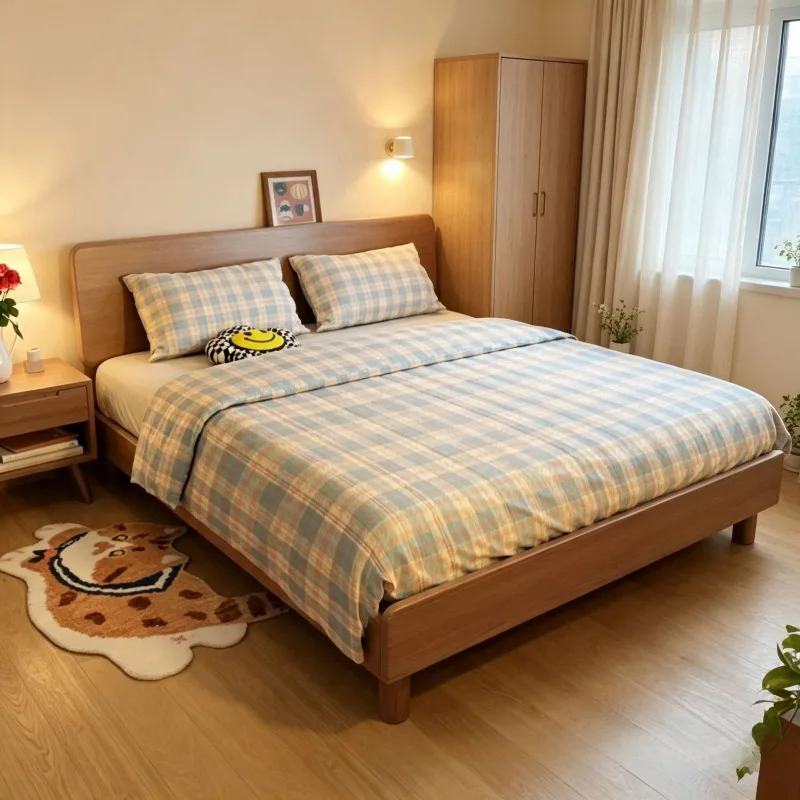 Nordic retro solid wood bed modern simple wide bedside double bed household bedroom walnut color wardrobe single bed