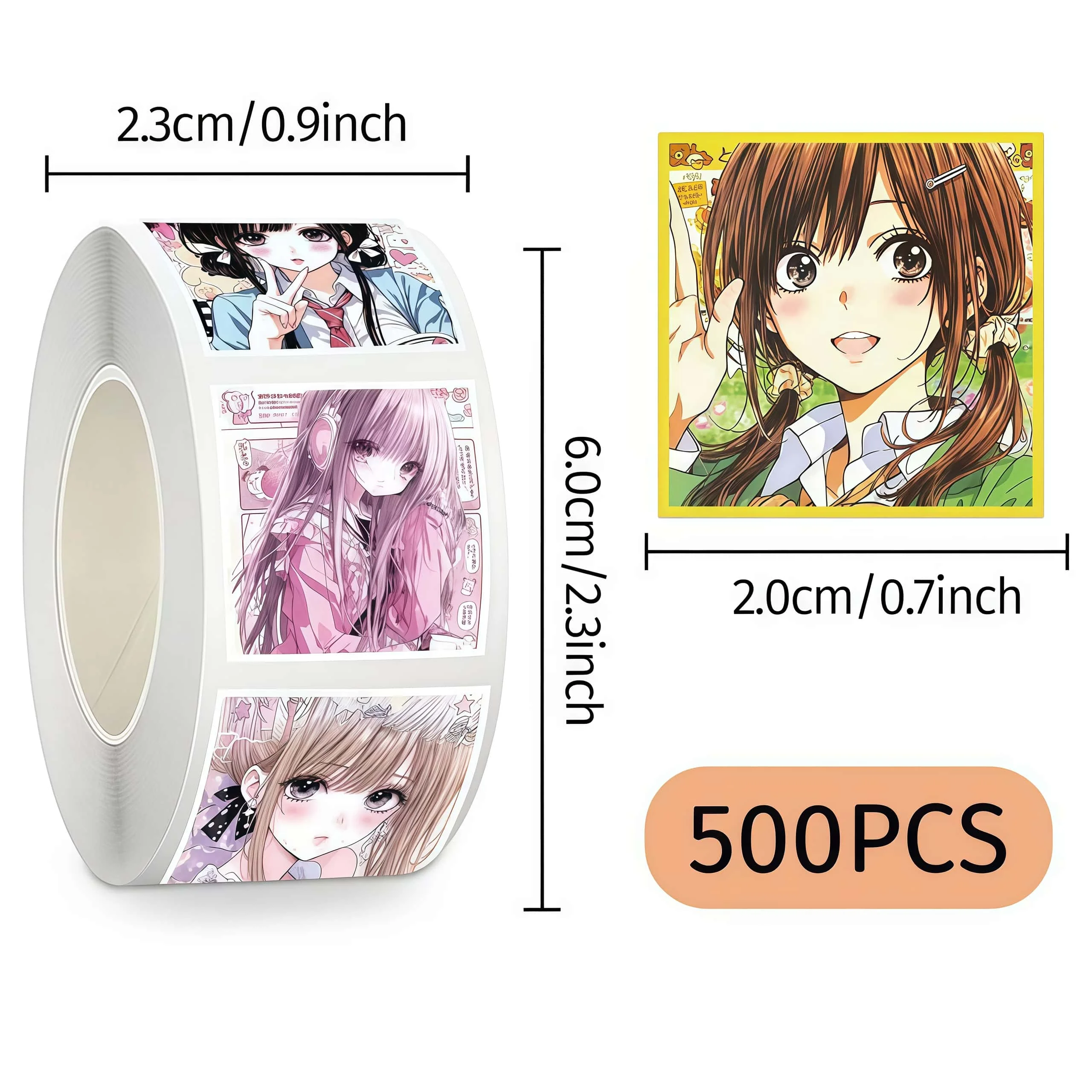 500Pcs Vintage Manga Girl Square Sticker Roll, Soft Retro Anime Maiden Portrait Labels for Package Sealing Journal Scrapbook DIY