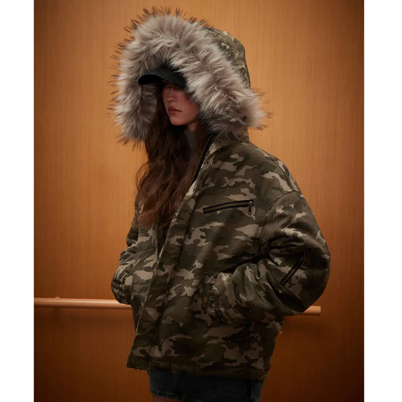 남성용 2024 겨울 브레드 재킷, 위장 면 재킷, 모피 칼라 코트, 미국 패션 브랜드, 두껍고 루즈한 면 재킷, 신상