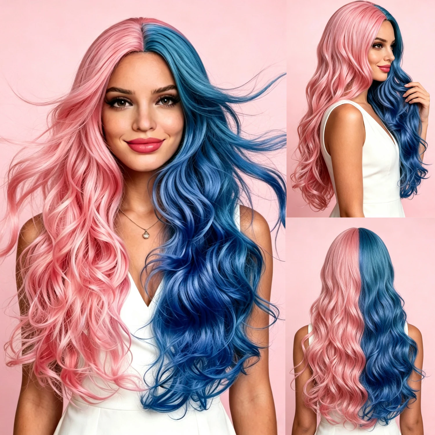 Long Loose Wavy Pink Blue Synthetic Wig Middle Part Heat Resistant Colored Cosplay Wig Halloween Party Hair Wigs for Women