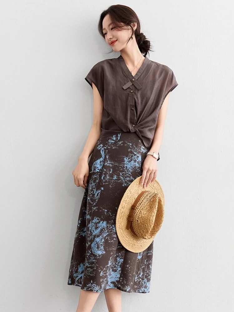 

SENTUBILA классическая рубашка с принтом, комплект из двух предметов, женская одежда для отпуска, лето 2025, элегантное платье-бретелька с принтом лиоцелла Q52ZA1756