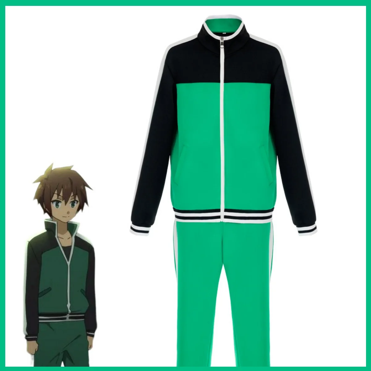 Satou Kazuma KonoSuba Cosplay Set - Green Tracksuit Hoodie Wig Halloween Costume for Men - view 5