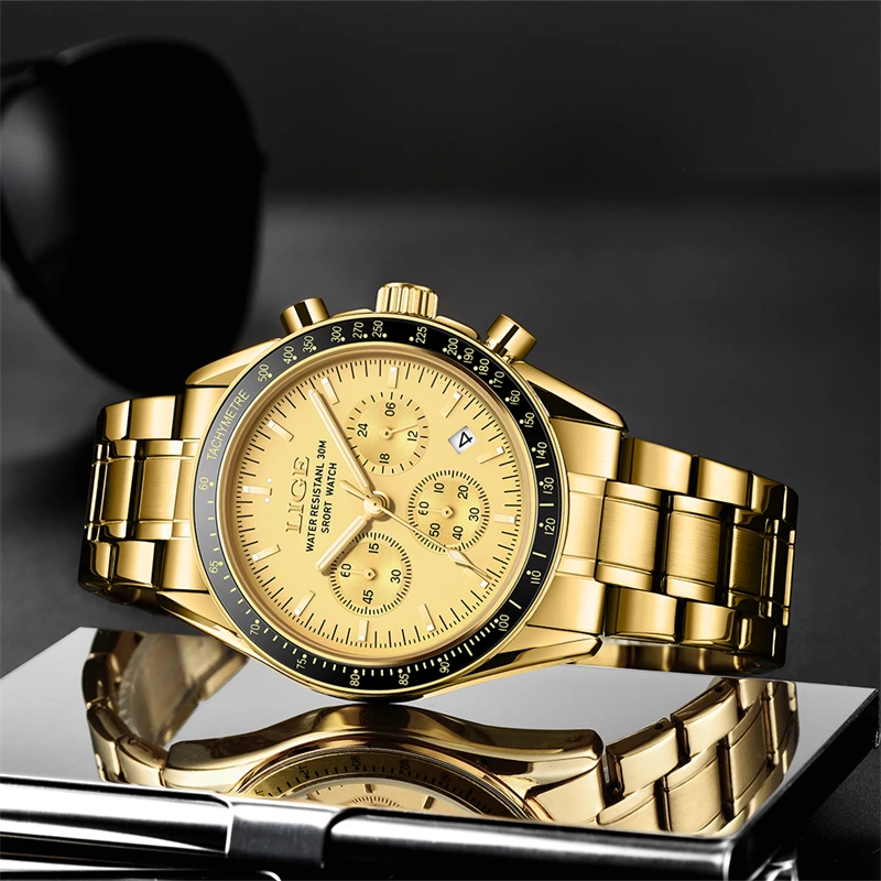 LIGE Men\'s Watches Luxury Gold Watches for Men Chronograph Waterproof Luminous Date Man Wristwatch Stainless Steel Quartz Clock