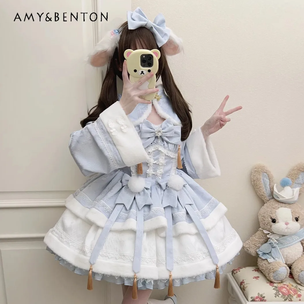 Original Lolita Dress Temperament Kawaii Op Long-sleeved Dress Autumn Winter Plush Bow Horn Sleeve Slim Multi-layer Tutu Dresses