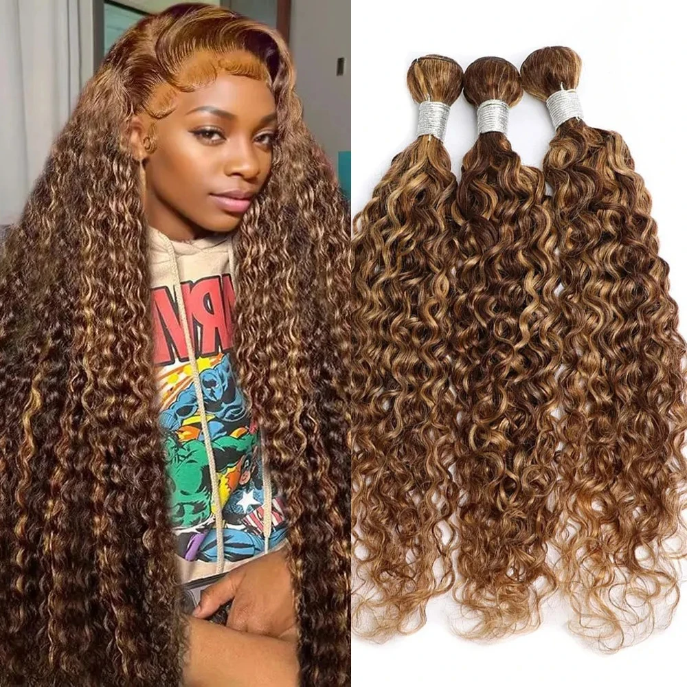 

Выделите Ombre, 30 дюймов, бразильские 3 4 пучка, двойные утки, вьющиеся пучки воды, 4/27, коричневые пучки с глубокими волнами, 100% плетение человеческих волос