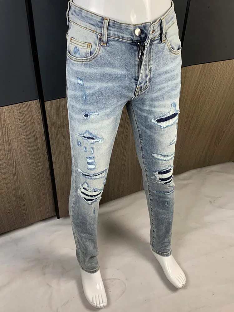 

Fashionable Slim Fit Men's Jeans mid Waist Long Pants Washed Light Blue High Street Style Casual Wear All Seasons Elastic