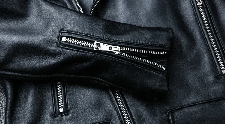 Spring and Autumn Natural Sheepskin Leather Jacket Black Soft Men\'s Motocycle Jackets Motor Clothing Biker Slim Short Coat