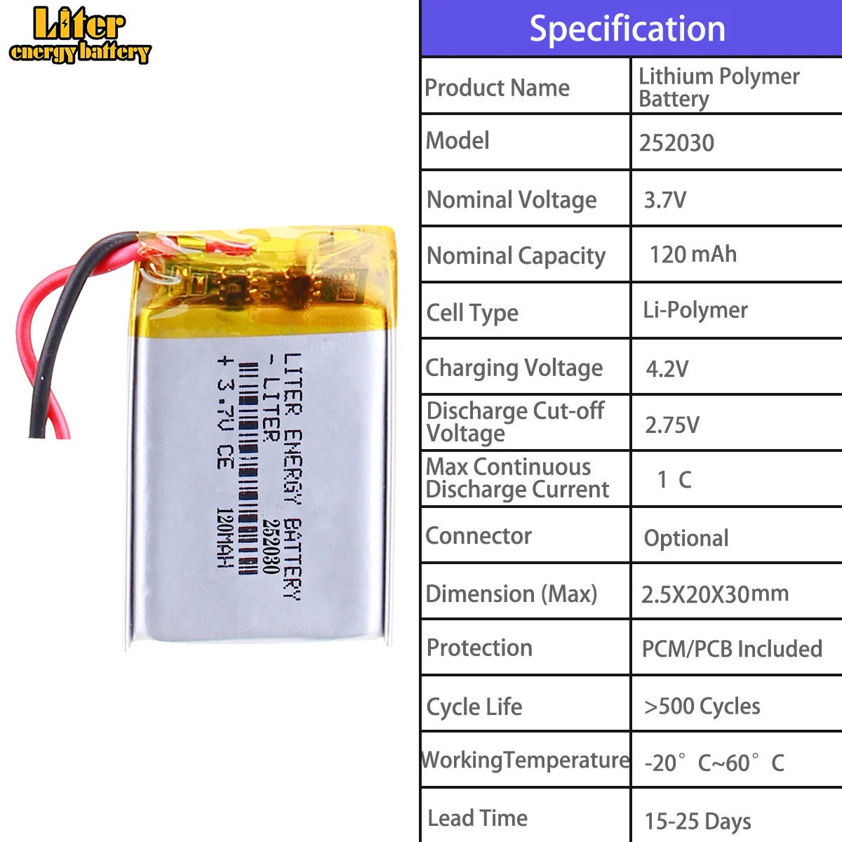 Liter Energy Battery 3.7V Li-Polymer Battery 252030 120mAh Small Electronics Built-in Battery