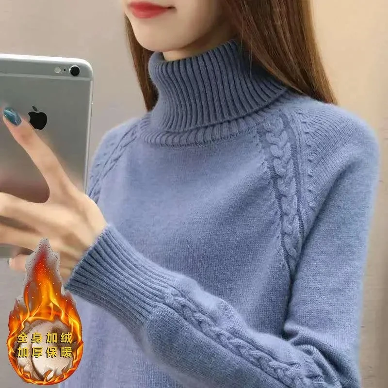 2024 New Turtleneck Sweater Autumn Winter Plush Warm Knitted Sweaters Womens Fashion Soft Twisted Jumper Tops Knit Bottom Shirts