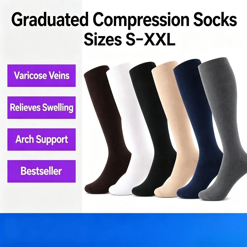 1 Pair Compression Socks 20-30mmHg Nursing Socks Running Sports Socks for Pregnancy Edema Diabetes Flight Travel Varicose Veins