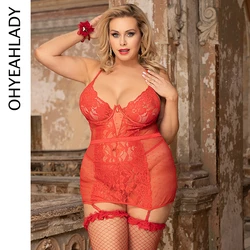 Ohyeahlady Women's Floral Lace Nightgown Lingerie Red Sheer Mesh See Through Breathable Sleepwear Plus Size Sexy Garter Babydoll