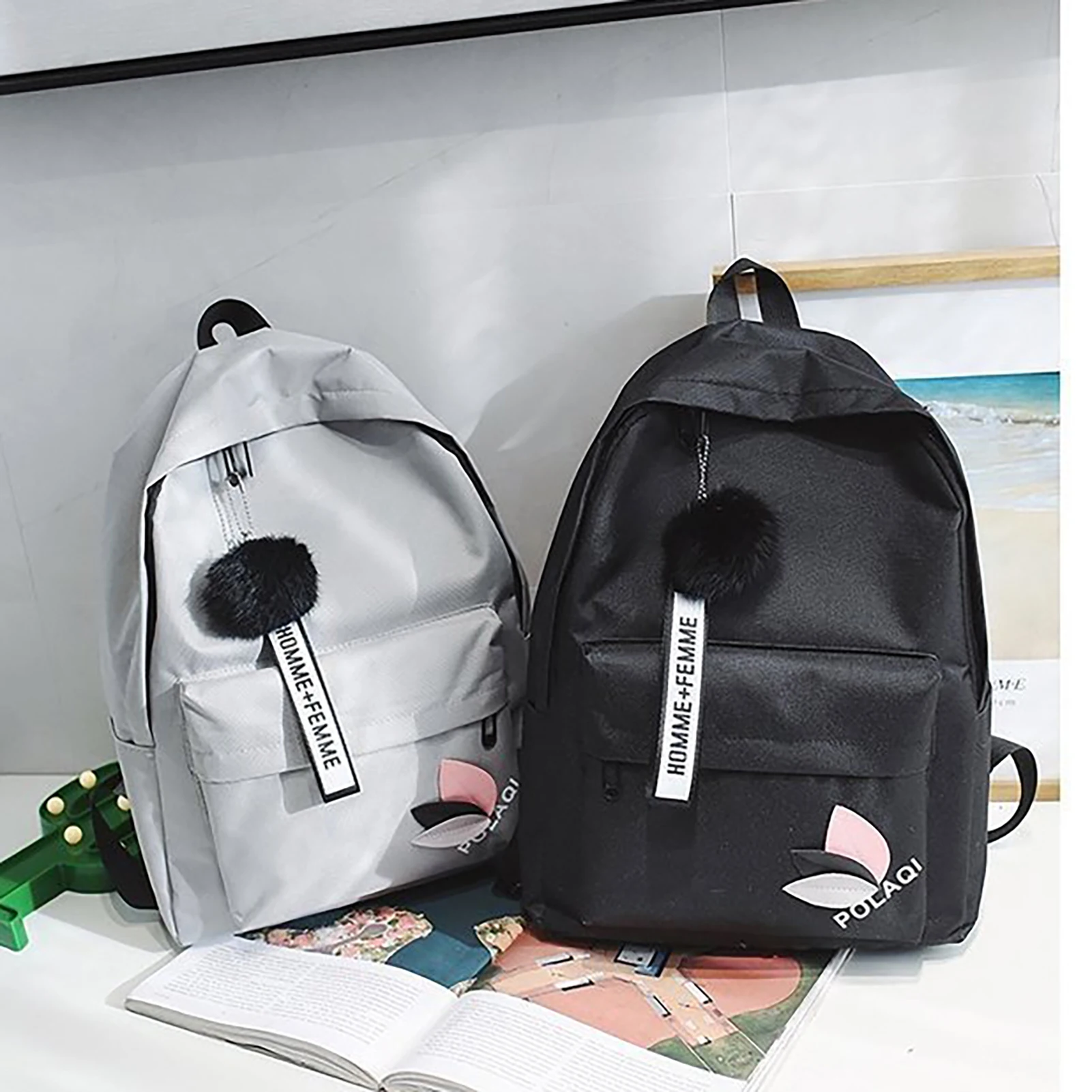 Casual Daypack Backpacks Multifunctional Pompoms Canva Bookbag Anti-theft Stylish For Outdoor School Office Luggage Strap