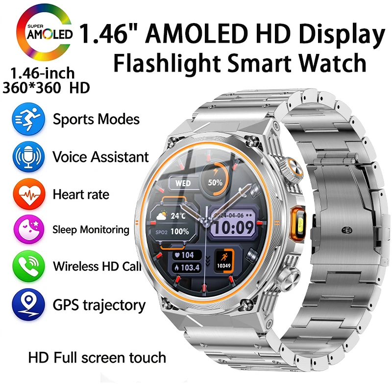Men Smart Watch Flashlight Bluetooth Call IP68 Waterproof 1.46