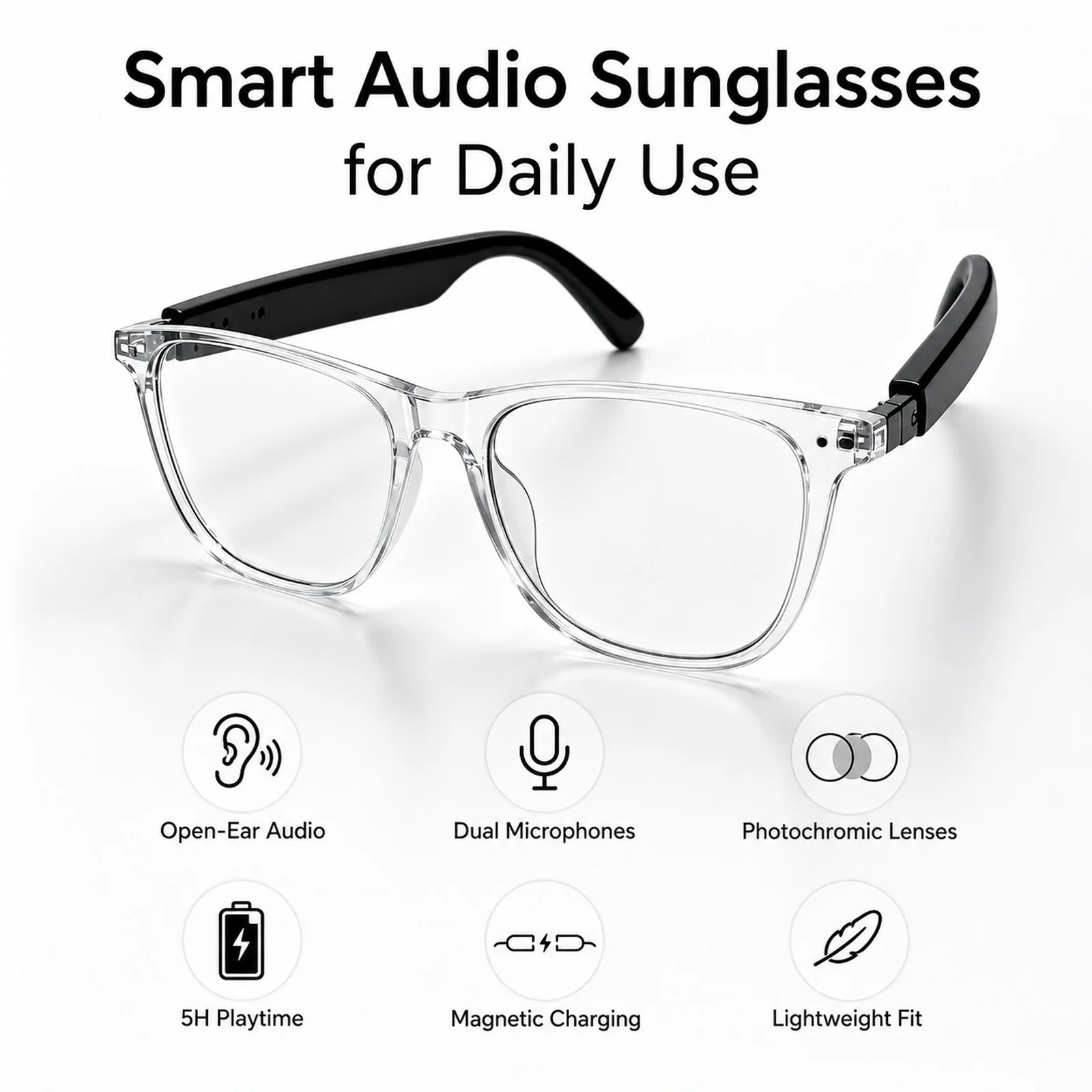 Photochromic Smart Bluetooth Sunglasses Stylish Hands Free Calls Lightweight Smartglasses Audio Glasses for Men Women Outdoor