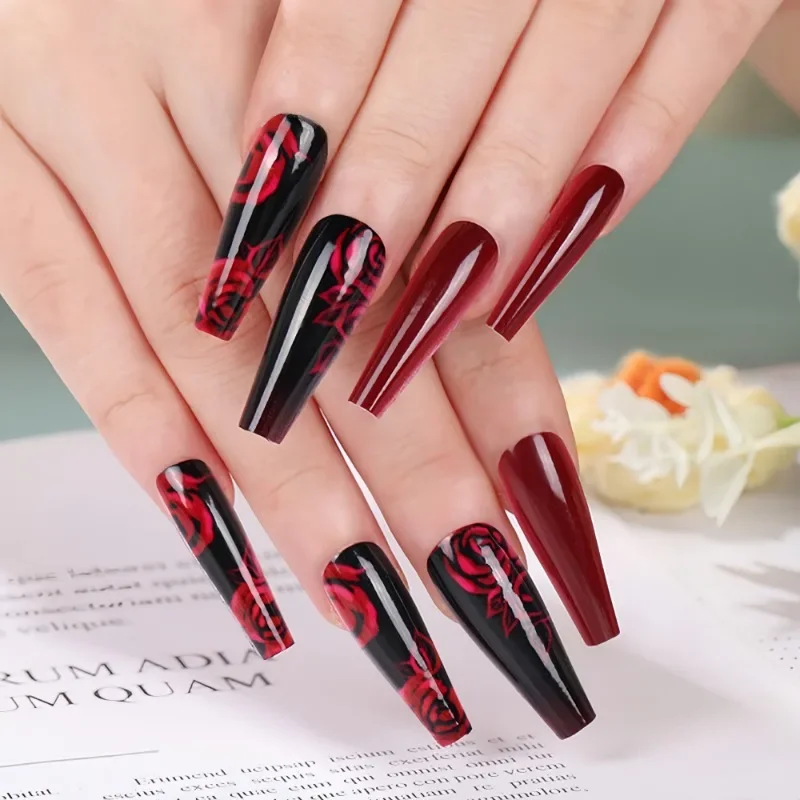 

24Pcs Burgundy Rose Autumn Winter Coffin Press on Nails Holiday Fashion False Nails Aesthetic Ballet Fake Nails with Sticky Tabs
