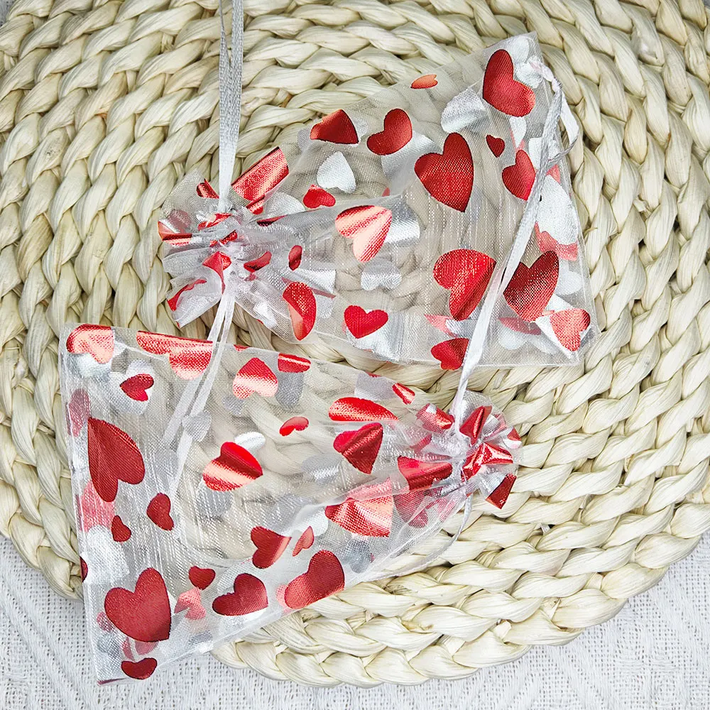 

10/25/50pcs Hot Red Printing Organza Gift Bag Love Heart Drawstring Pouches For Wedding Valentine's Day Bag Gift Candy Packing