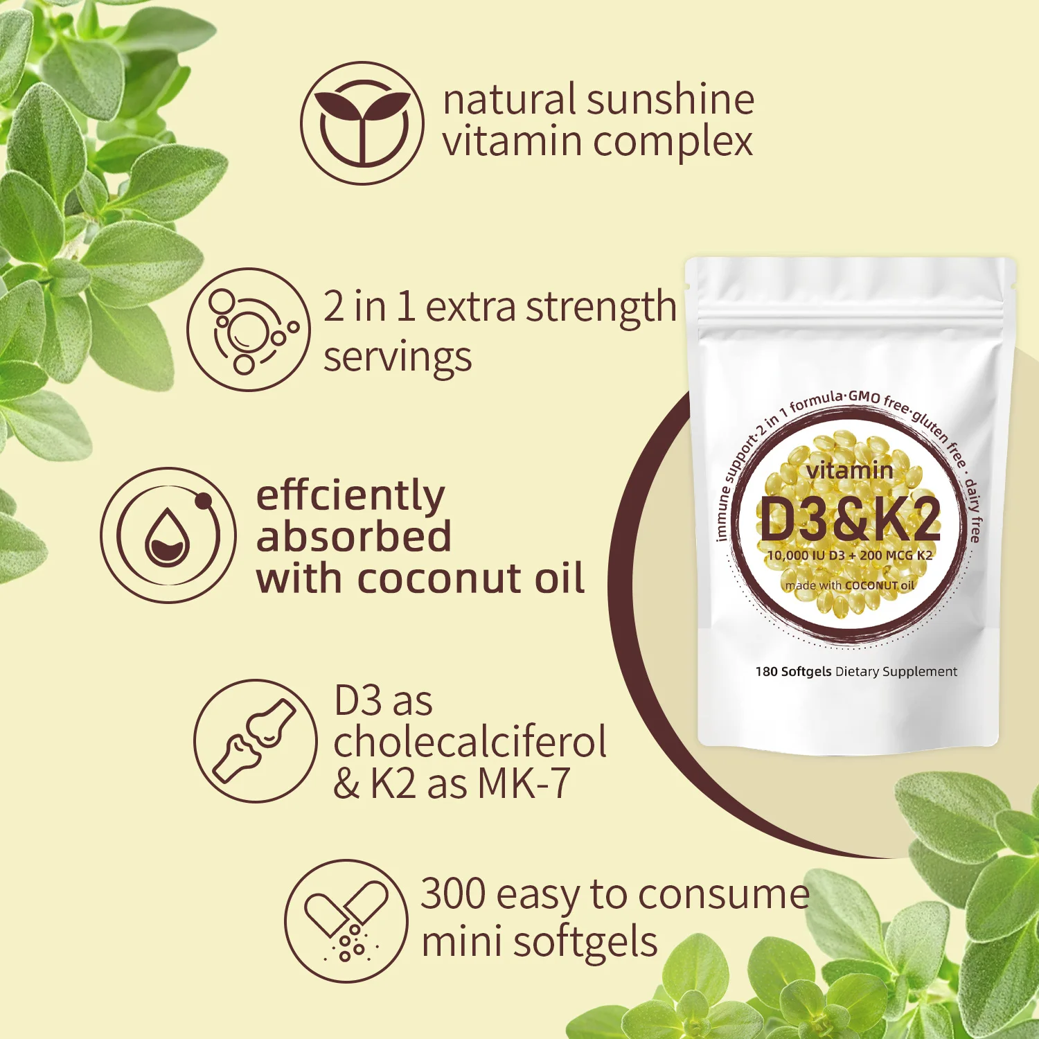 Vitamin D3 K2 Softgels - Vitamin D3 10000IU & Vitamin K2 200mcg Supplement Support Calcium Absorption Bone Heart Health 180 Caps