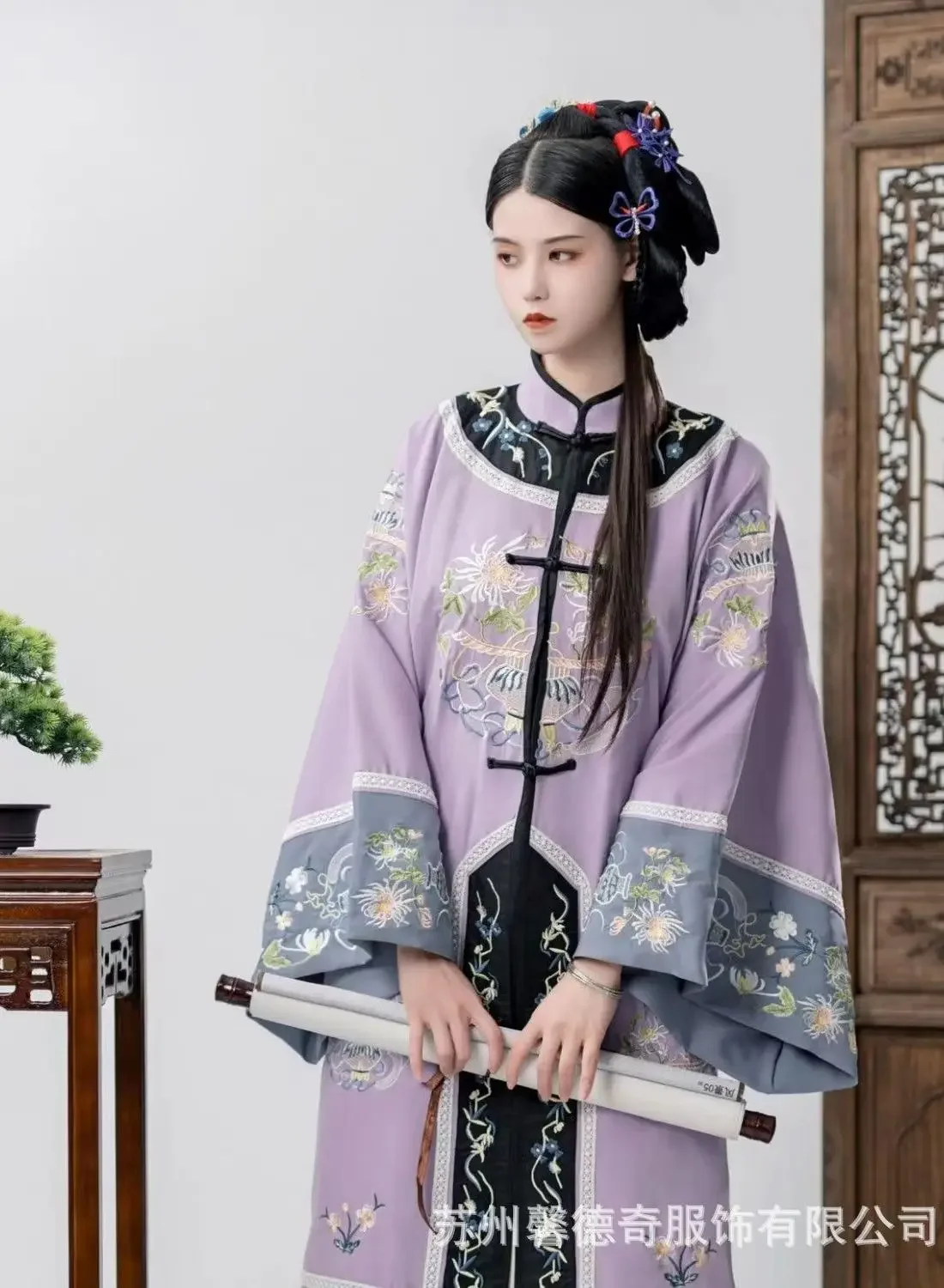 Retro Heavy Industry Antique Clothes Women Qing Dynasty Flower Loose Long Sleeve Embroidery Cheongsam Dress Qipao Cospaly