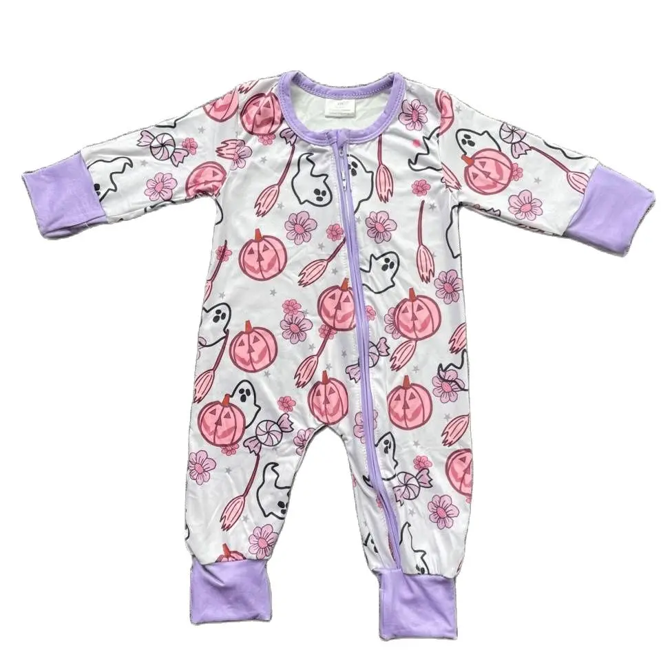 Halloween Series of Children's Clothing Light Purple Baby Romper Pumpkin Ghost Print Cute One-piece Long-sleeved Jumpsuit